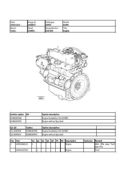 Volvo EC60C Compact Excavator Parts Catalogue Manual (SN: 110001 and up)