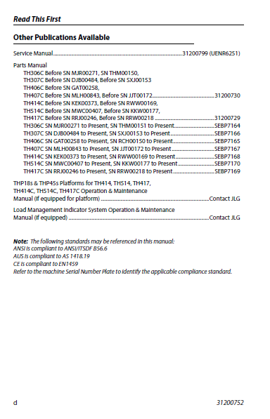Caterpillar Cat TH414C Telehandler Operator and Maintenance manual ...