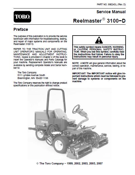 Toro Reelmaster 3100D Mower Service Repair Manual