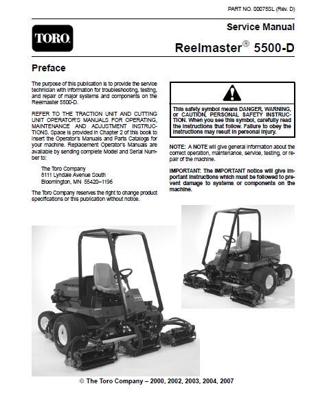 Toro Reelmaster 5500D Mower Service Repair Manual