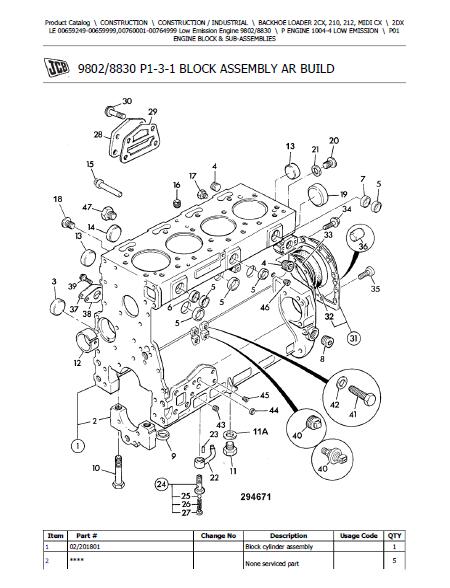 JCB 2DX LE (Low Emission Engine) BACKHOE LOADER Parts Catalogue Manual (Serial Number: 00659249-00659999)
