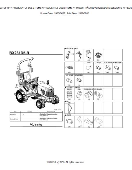 Kubota BX231D5-R Tractor Parts Catalogue Manual (Publishing ID: BKIDK5236)
