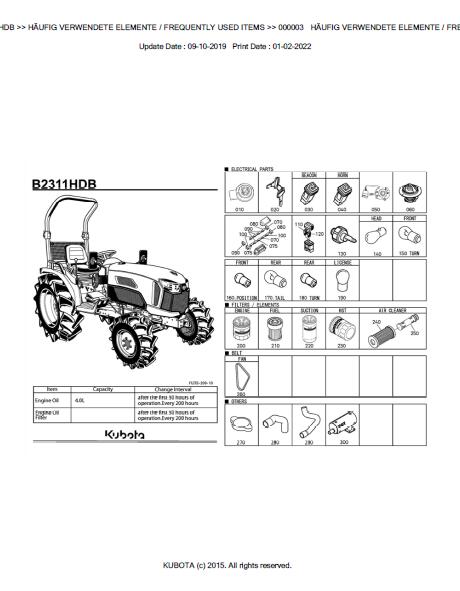 Kubota B2311HDB Tractor Parts Catalogue Manual (Publishing ID: BKIDK5198)