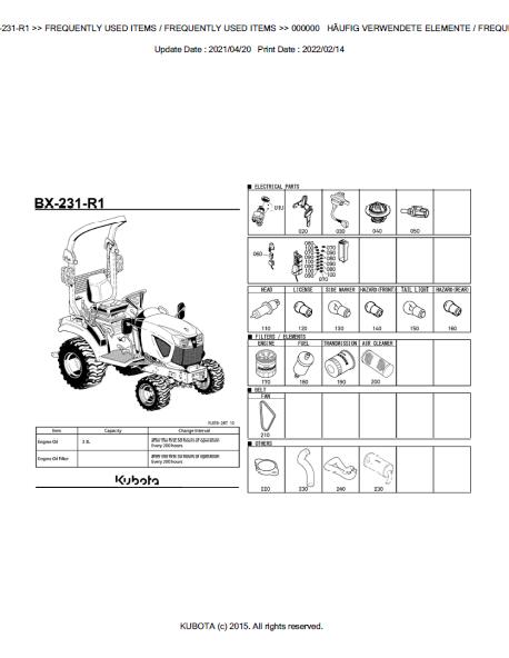 Kubota BX231R1 Tractor Parts Catalogue Manual (Publishing ID: BKIDK5398)