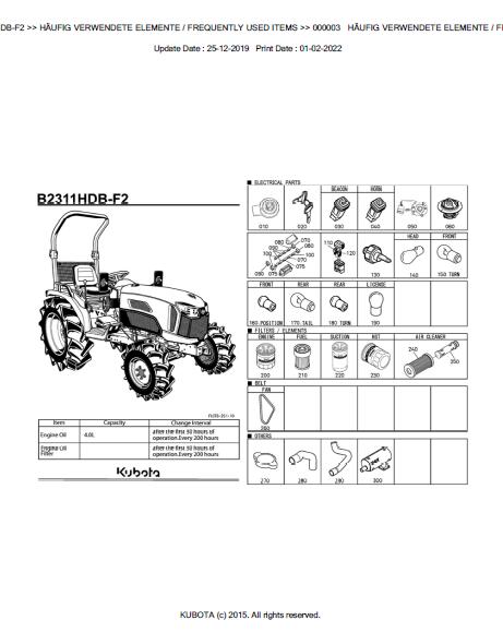 Kubota B2311HDB-F2 Tractor Parts Catalogue Manual (Publishing ID: BKIDK5271)