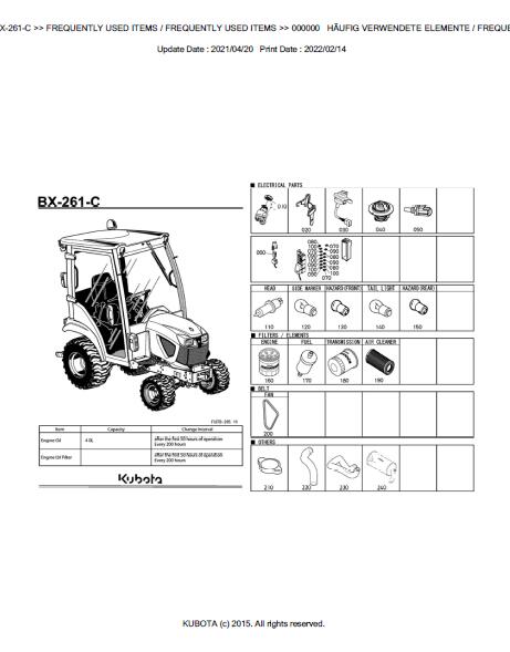 Kubota BX261C Tractor Parts Catalogue Manual (Publishing ID: BKIDK5396)