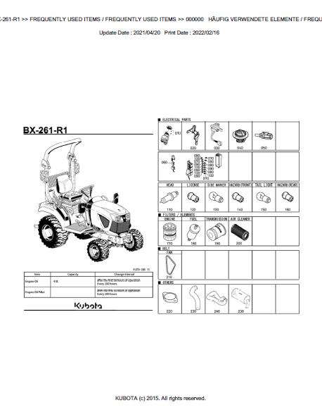 Kubota BX261R1 Tractor Parts Catalogue Manual (Publishing ID: BKIDK5397)