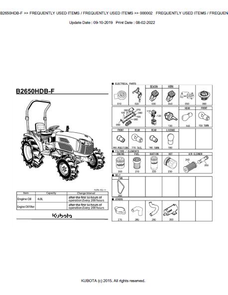 Kubota B2650HDB-F Tractor Parts Catalogue Manual (Publishing ID: BKIDK5052)
