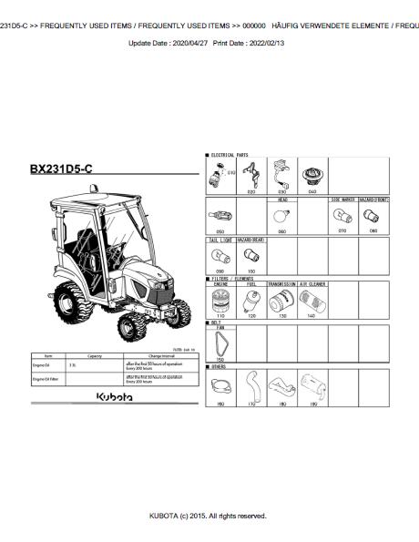 Kubota BX231D5-C Tractor Parts Catalogue Manual (Publishing ID: BKIDK5237)