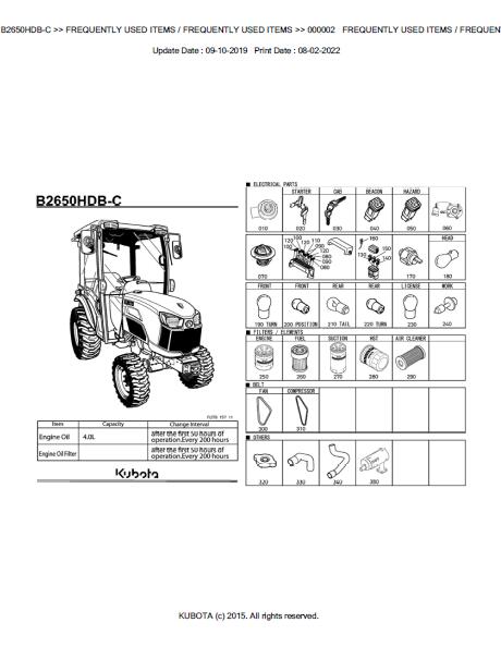 Kubota B2650HDB-C Tractor Parts Catalogue Manual (Publishing ID: BKIDK5055)
