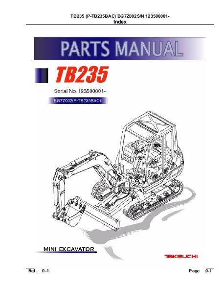 Takeuchi TB235 Mini Excavator Parts Catalogue Manual (SN: 123500001 and up)