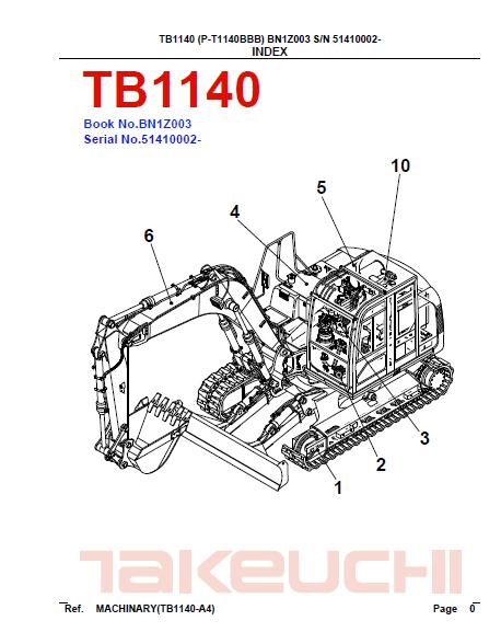 Takeuchi TB1140 Hydraulic Excavator Parts Catalogue Manual (SN: 51410002 and up)
