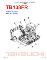 Takeuchi TB138FR Compact Excavator Parts Catalogue Manual (SN: 13810003 and up)