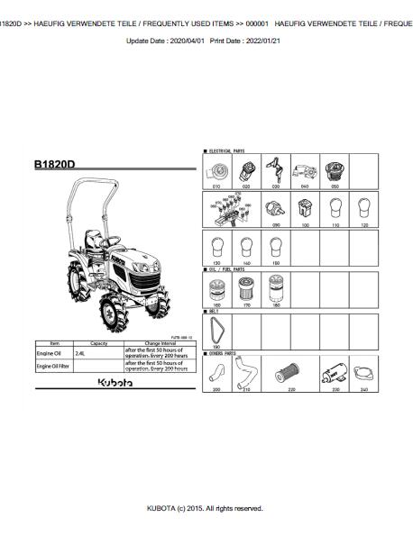 Kubota B1820D Tractor Parts Catalogue Manual (Publishing ID: BKIDA5007)