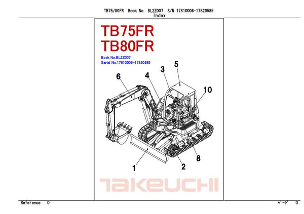 Takeuchi TB75FR Compact Excavator Parts Catalogue Manual (Serial No.17810006-17820585)