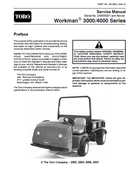 Toro Workman 4000 Series Service Repair Manual SN: 240000001 and Above