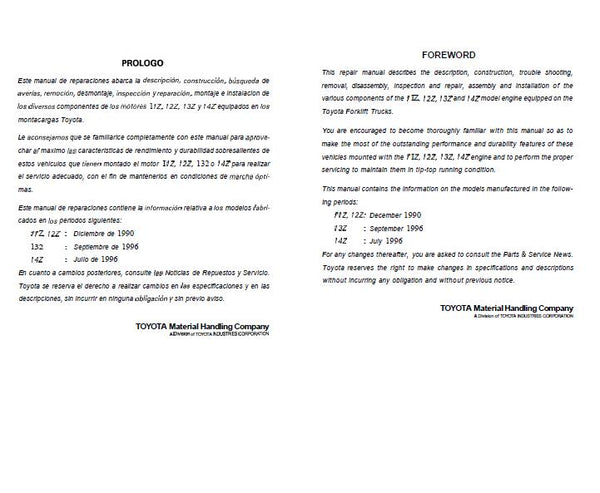 TOYOTA Forklift Engine (11Z Model) Service Repair Manual