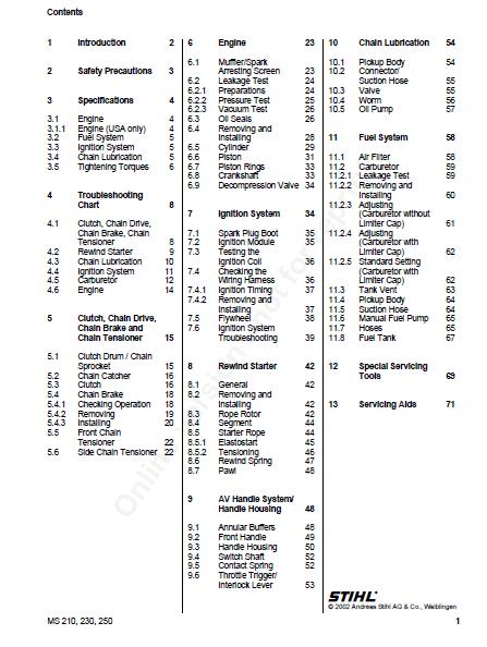 Stihl MS 230 Chainsaw Service Repair Manual