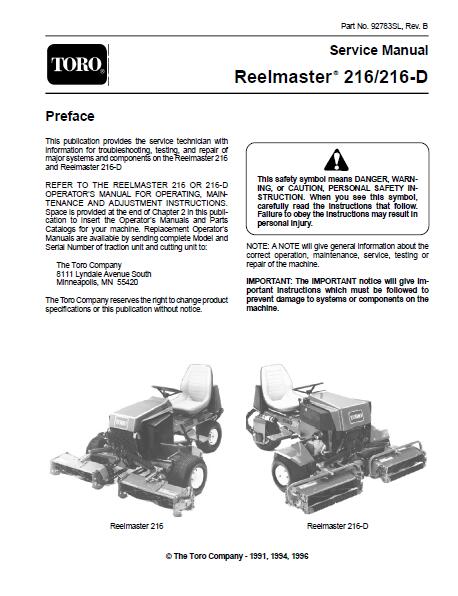 Toro Reelmaster 216-D Mower Service Repair Manual