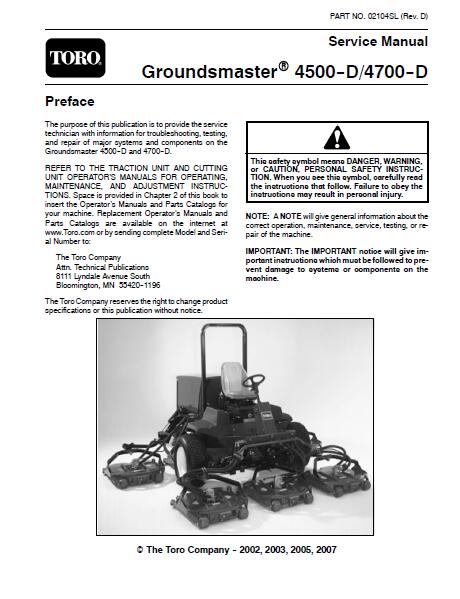 Toro Groundsmaster 4700D Service Repair Manual