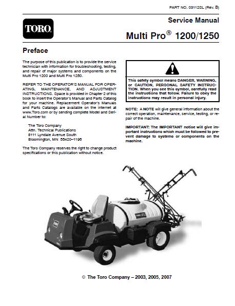 Toro Multi-Pro 1250 Sprayer Service Repair Manual