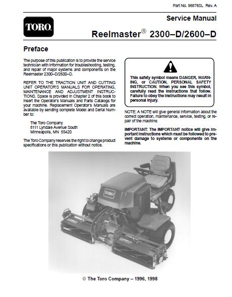 Toro Reelmaster 2300D Mower Service Repair Manual