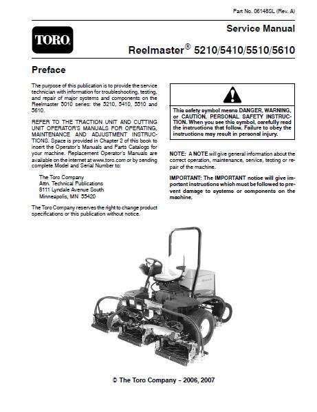 Toro Reelmaster 5210 Mower Service Repair Manual