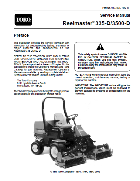 Toro Reelmaster 3500-D Mower Service Repair Manual