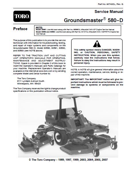 Toro Groundsmaster 580D Mower Service Repair Manual