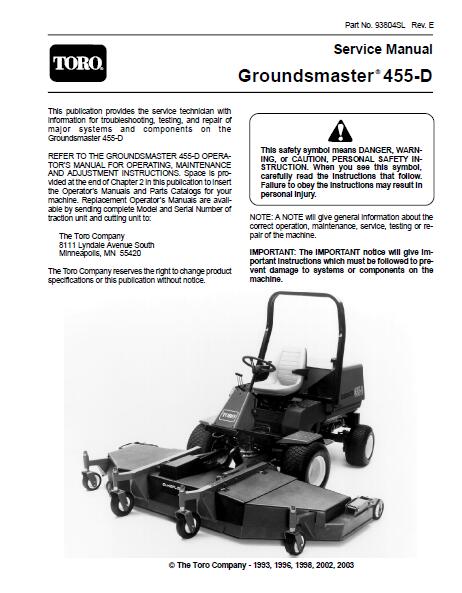 Toro Groundsmaster 455-D Mower Service Repair Manual