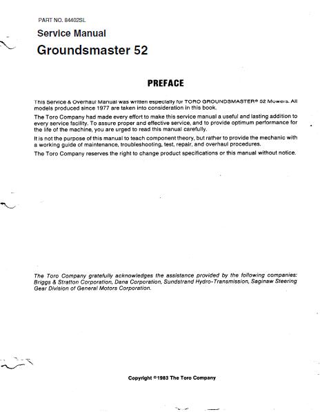 Toro Groundsmaster 52 Mower Service Repair Manual