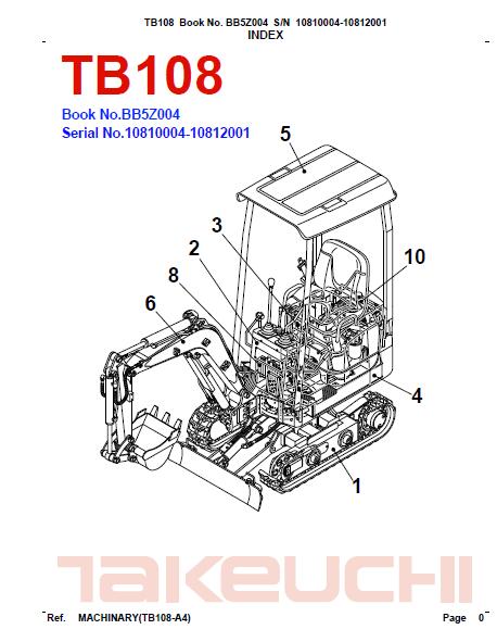 Takeuchi TB108 Compact Excavator Parts Catalogue Manual SN:10810004~10812001