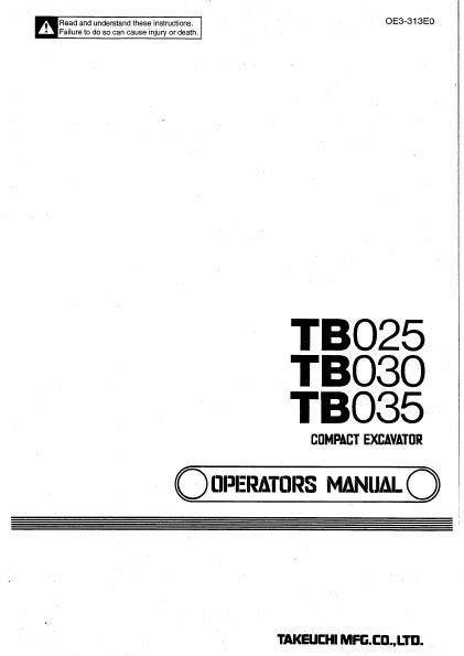 Takeuchi TB030 Compact Excavator Operator manual