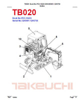Takeuchi TB020 Compact Excavator Parts Catalogue Manual (SN: 1205001-1205750)
