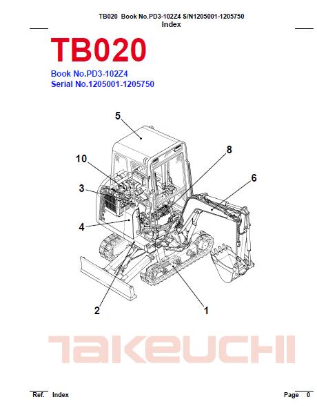 Takeuchi TB020 Compact Excavator Parts Catalogue Manual (SN: 1205001-1205750)