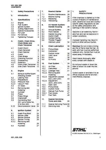 Stihl 021 Chainsaw Service Repair Manual