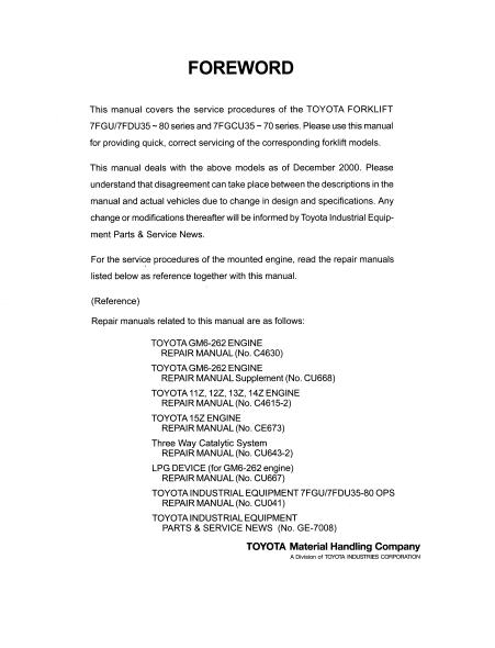 Toyota 7FDU60 Forklift Service Repair Manual