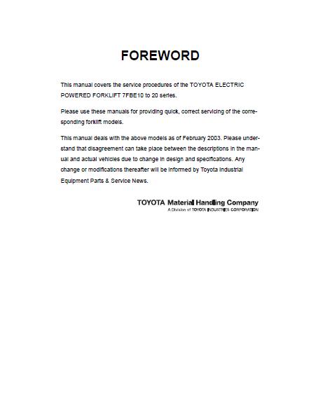 Toyota 7FBE15 Forklift Service Repair Manual