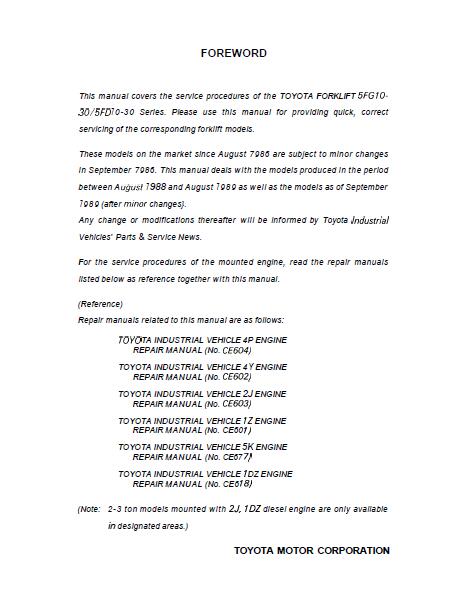 Toyota 5fg23 Forklift Service Repair Manual