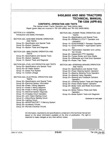 John Deere 8650 Tractor Service Repair Manual (tm1256 ...