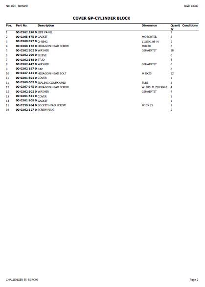 CLAAS CHALLENGER 55-35 RC99 TRACTOR Parts Catalogue Manual (SN: 791012 ...