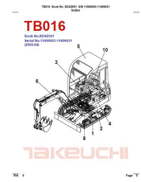 Takeuchi TB016 Compact Excavator Parts Catalogue Manual (SN: 11600003-11609631)