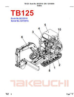 Takeuchi TB125 Compact Excavator Parts Catalogue Manual (SN: 12510010 and up)