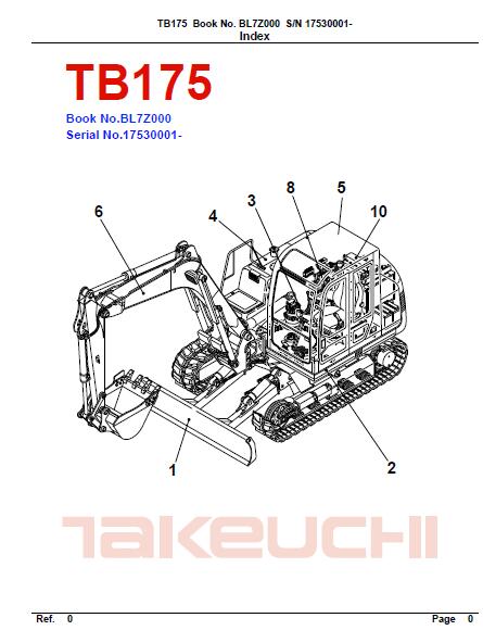 Takeuchi TB175 Compact Excavator Parts Catalogue Manual (SN: 17530001 and up)