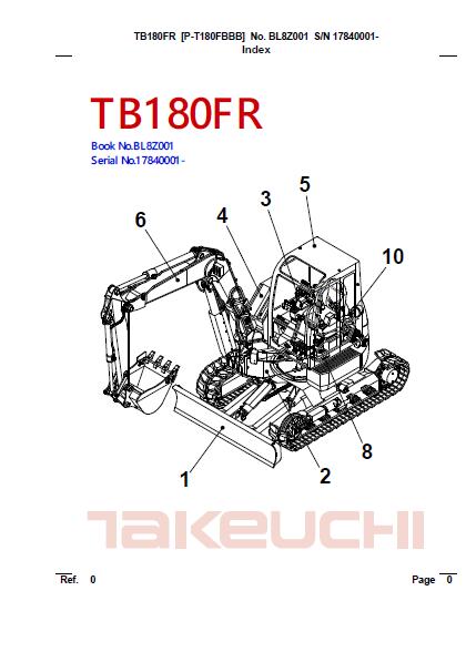Takeuchi TB180FR Hydraulic Excavator Parts Catalogue Manual (SN: 17840001 and up)