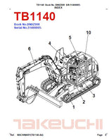 Takeuchi TB1140 Hydraulic Excavator Parts Catalogue Manual (SN: 51400005 and up)