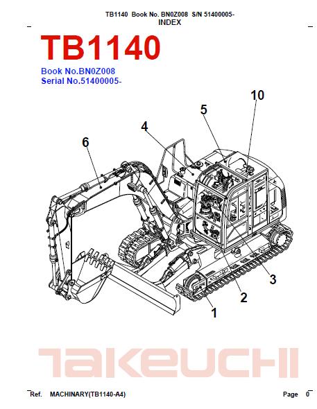 Takeuchi TB1140 Hydraulic Excavator Parts Catalogue Manual (SN: 51400005 and up)