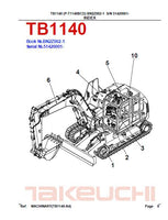Takeuchi TB1140 Hydraulic Excavator Parts Catalogue Manual (SN: 51420001 and up)