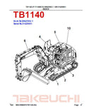 Takeuchi TB1140 Hydraulic Excavator Parts Catalogue Manual (SN: 51420001 and up)