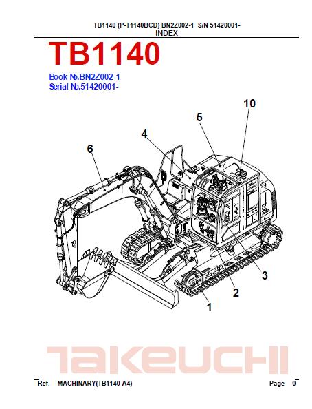 Takeuchi TB1140 Hydraulic Excavator Parts Catalogue Manual (SN: 51420001 and up)